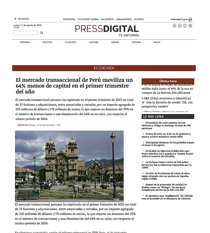 El mercado transaccional de Per moviliza un 64% menos de capital en el primer trimestre del ao